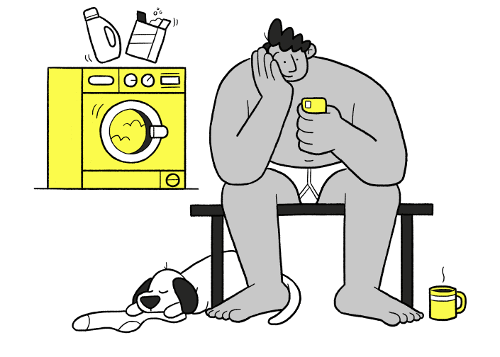 Illustration of a person watching their phone while laundering their clothes