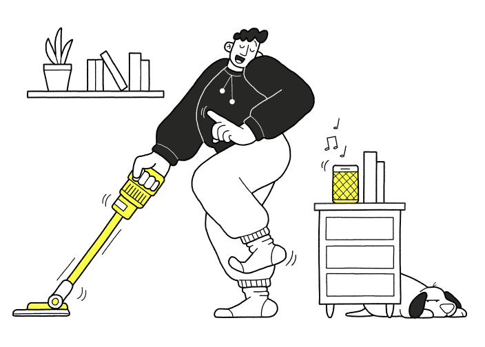 Illustration of a person vacuum cleaning their house while listening to music
